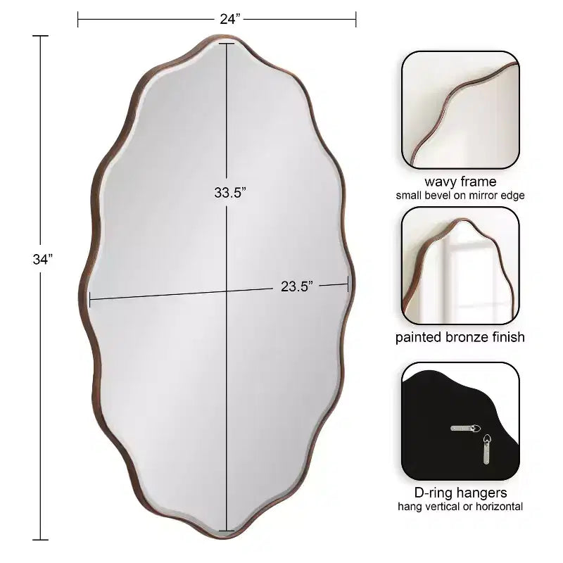 Miroir mural ovale festonné 24"x34", finition bronze