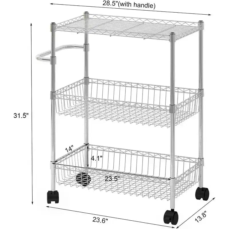 Chariot de rangement à roulettes 3 niveaux avec poignée et paniers ajustables, Desserte de cuisine avec roues métalliques, Étagère de rangement utilitaire