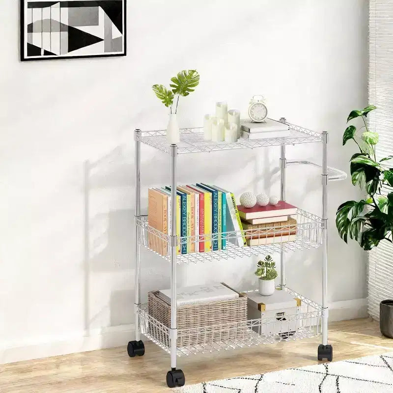 Chariot de rangement à roulettes 3 niveaux avec poignée et paniers ajustables, Desserte de cuisine avec roues métalliques, Étagère de rangement utilitaire