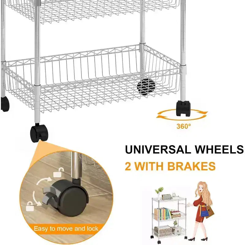 Chariot de rangement à roulettes 3 niveaux avec poignée et paniers ajustables, Desserte de cuisine avec roues métalliques, Étagère de rangement utilitaire