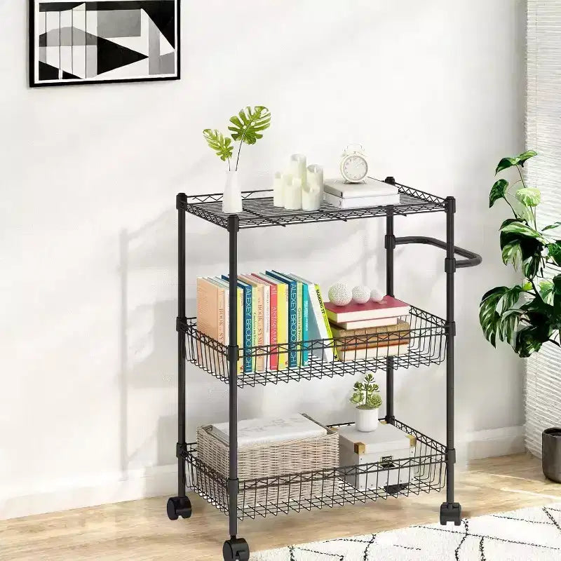 Chariot de rangement à roulettes 3 niveaux avec poignée et paniers ajustables, Desserte de cuisine avec roues métalliques, Étagère de rangement utilitaire