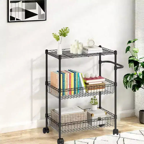 Chariot de rangement à roulettes 3 niveaux avec poignée et paniers ajustables, Desserte de cuisine avec roues métalliques, Étagère de rangement utilitaire