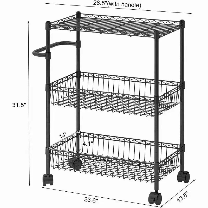 Chariot de rangement à roulettes 3 niveaux avec poignée et paniers ajustables, Desserte de cuisine avec roues métalliques, Étagère de rangement utilitaire