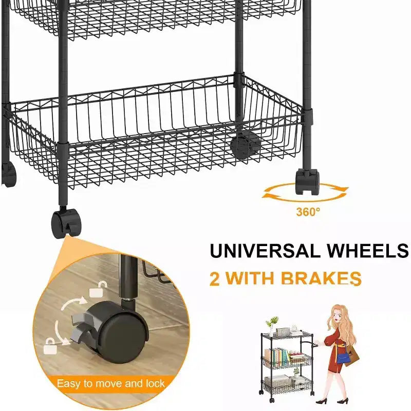 Chariot de rangement à roulettes 3 niveaux avec poignée et paniers ajustables, Desserte de cuisine avec roues métalliques, Étagère de rangement utilitaire