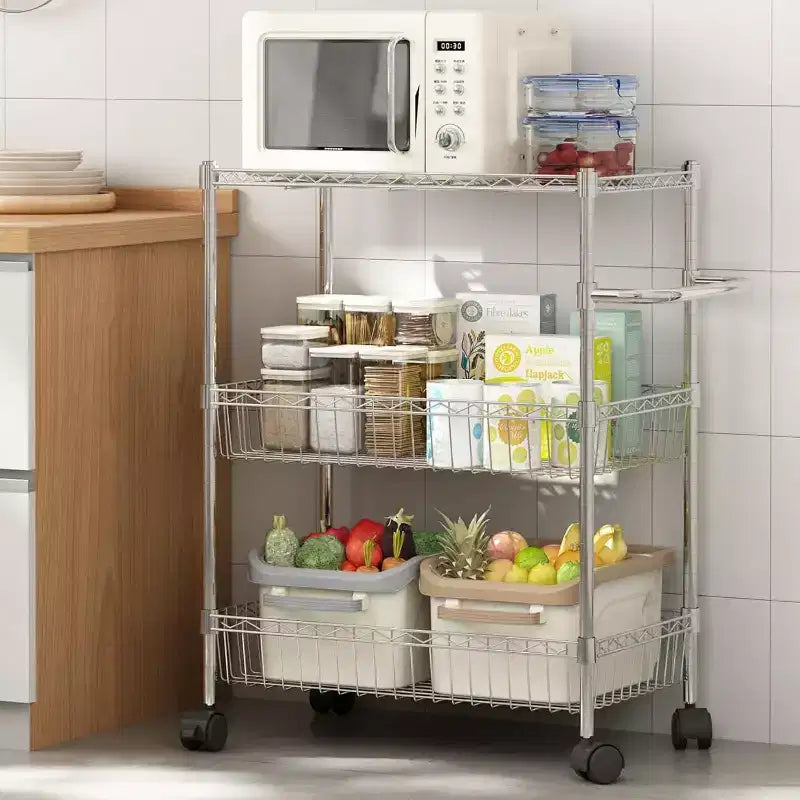 Chariot de rangement à roulettes 3 niveaux avec poignée et paniers ajustables, Desserte de cuisine avec roues métalliques, Étagère de rangement utilitaire