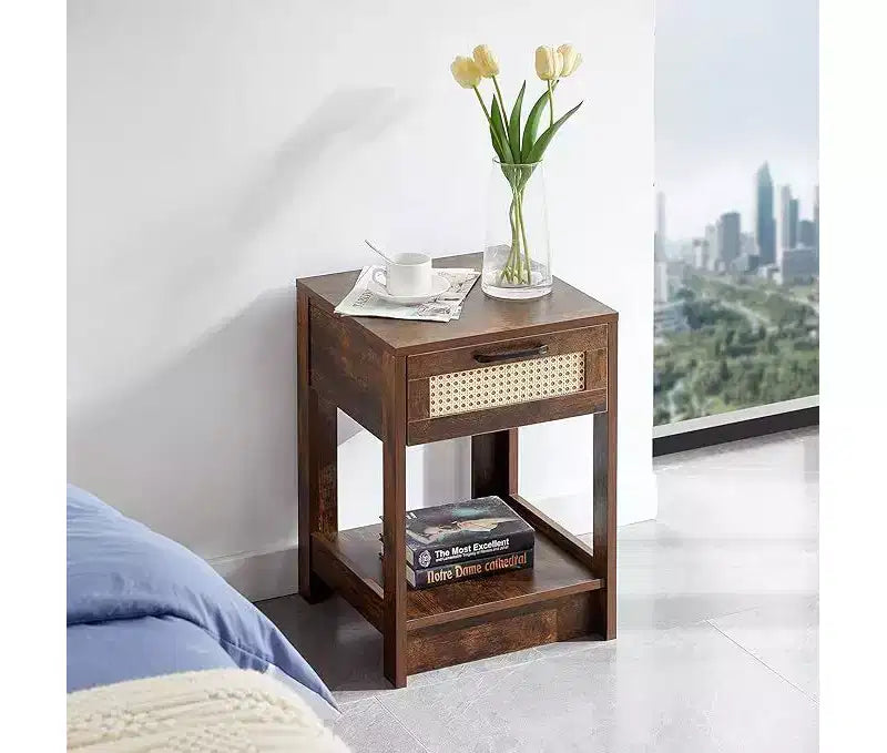 Table de chevet rustique en rotin avec tiroirs, table de nuit en bois pour chambres à coucher de style ferme ou modernes