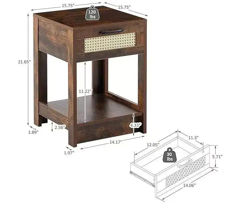 Table de chevet rustique en rotin avec tiroirs, table de nuit en bois pour chambres à coucher de style ferme ou modernes