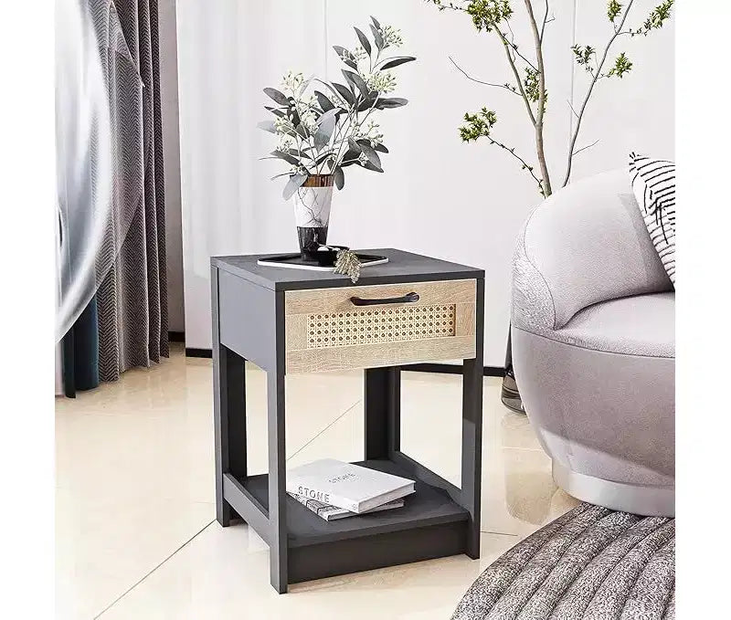 Table de chevet rustique en rotin avec tiroirs, table de nuit en bois pour chambres à coucher de style ferme ou modernes