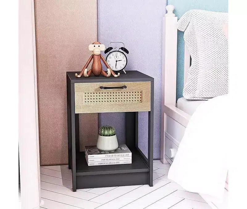 Table de chevet rustique en rotin avec tiroirs, table de nuit en bois pour chambres à coucher de style ferme ou modernes