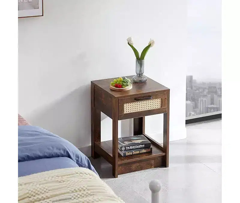 Table de chevet rustique en rotin avec tiroirs, table de nuit en bois pour chambres à coucher de style ferme ou modernes