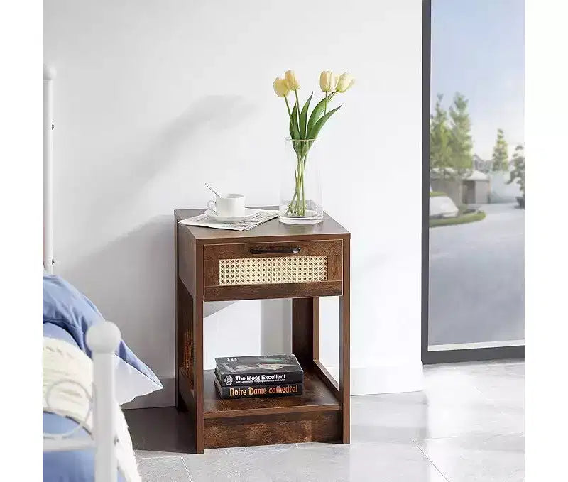 Table de chevet rustique en rotin avec tiroirs, table de nuit en bois pour chambres à coucher de style ferme ou modernes