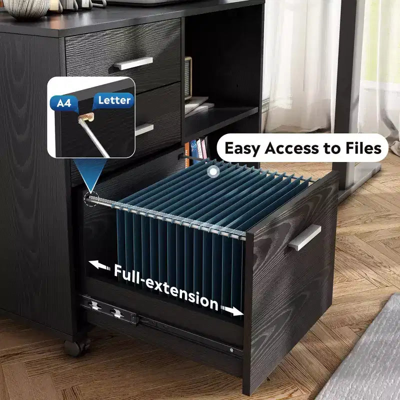 Classeur latéral en bois à 3 tiroirs, support d'imprimante mobile avec étagères ouvertes pour le bureau à domicile