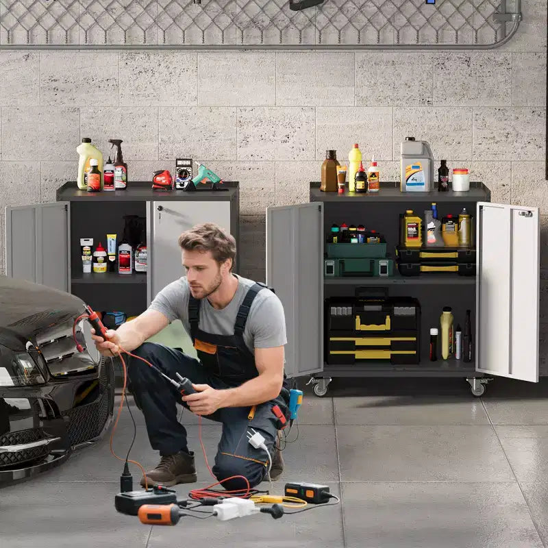 Armoire de rangement de garage avec roulettes, coffre à outils roulant en acier verrouillable de 90 cm, armoire de rangement en métal avec 1 étagère, gris clair et gris foncé