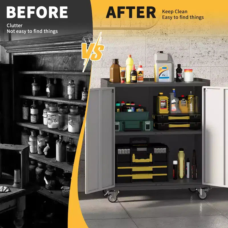 Armoire de rangement de garage avec roulettes, coffre à outils roulant en acier verrouillable de 90 cm, armoire de rangement en métal avec 1 étagère, gris clair et gris foncé