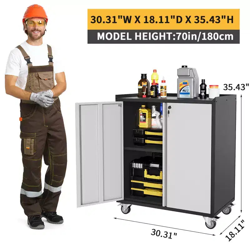 Armoire de rangement de garage avec roulettes, coffre à outils roulant en acier verrouillable de 90 cm, armoire de rangement en métal avec 1 étagère, gris clair et gris foncé