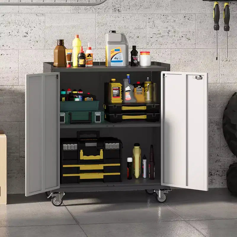 Armoire de rangement de garage avec roulettes, coffre à outils roulant en acier verrouillable de 90 cm, armoire de rangement en métal avec 1 étagère, gris clair et gris foncé