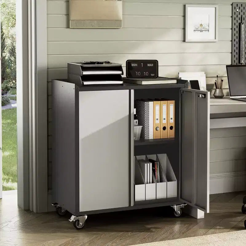 Armoire de rangement de garage avec roulettes, coffre à outils roulant en acier verrouillable de 90 cm, armoire de rangement en métal avec 1 étagère, gris clair et gris foncé