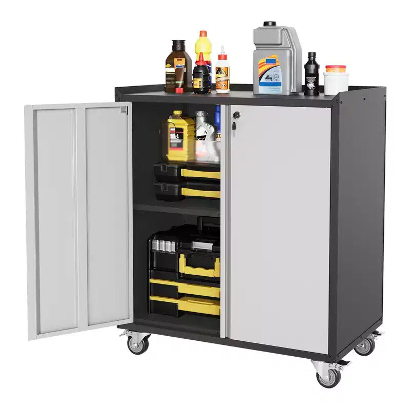 Armoire de rangement de garage avec roulettes, coffre à outils roulant en acier verrouillable de 90 cm, armoire de rangement en métal avec 1 étagère, gris clair et gris foncé