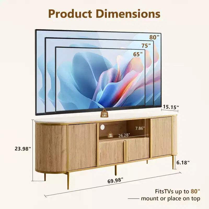 Meuble TV cannelé de 70 po, meuble de divertissement moderne avec plateau en faux marbre et design incurvé, console média pour le rangement du salon
