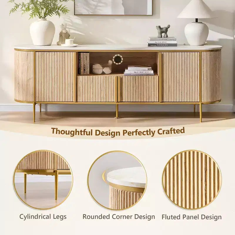 Meuble TV cannelé de 70 po, meuble de divertissement moderne avec plateau en faux marbre et design incurvé, console média pour le rangement du salon