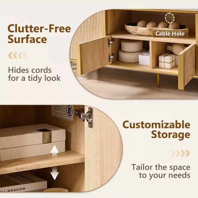Meuble TV cannelé de 70 po, meuble de divertissement moderne avec plateau en faux marbre et design incurvé, console média pour le rangement du salon