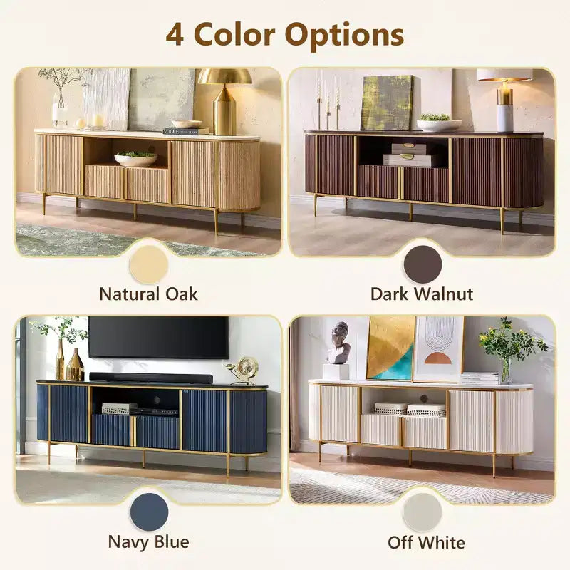 Meuble TV cannelé de 70 po, meuble de divertissement moderne avec plateau en faux marbre et design incurvé, console média pour le rangement du salon