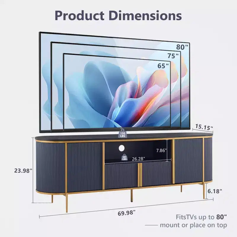Meuble TV cannelé de 70 po, meuble de divertissement moderne avec plateau en faux marbre et design incurvé, console média pour le rangement du salon
