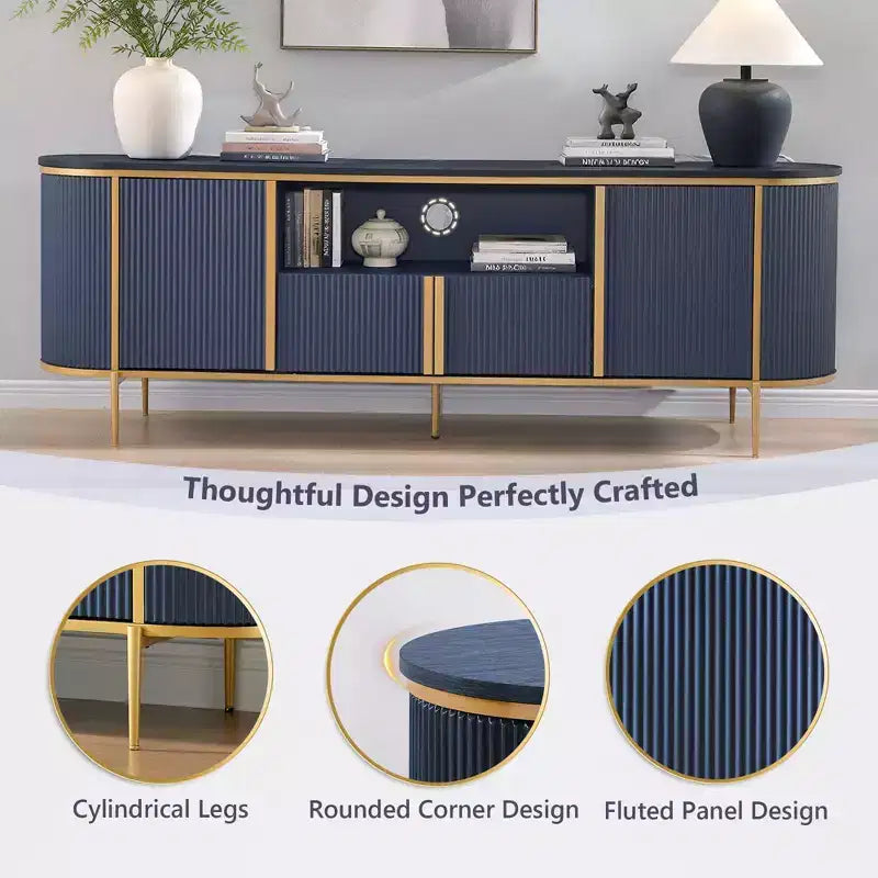 Meuble TV cannelé de 70 po, meuble de divertissement moderne avec plateau en faux marbre et design incurvé, console média pour le rangement du salon