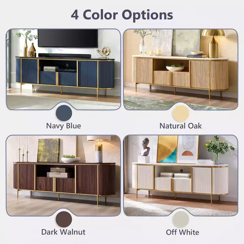 Meuble TV cannelé de 70 po, meuble de divertissement moderne avec plateau en faux marbre et design incurvé, console média pour le rangement du salon