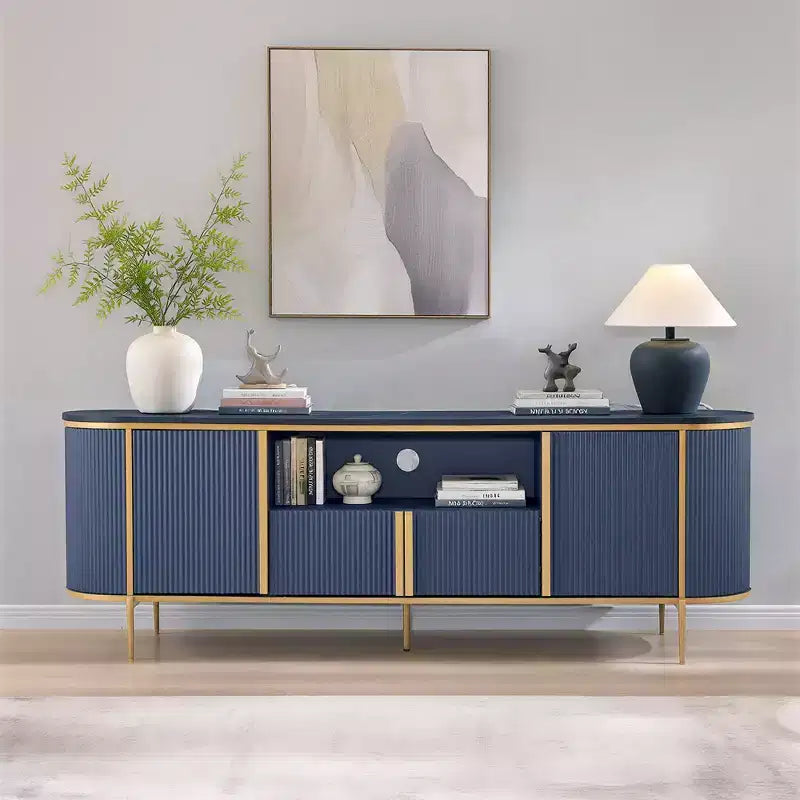 Meuble TV cannelé de 70 po, meuble de divertissement moderne avec plateau en faux marbre et design incurvé, console média pour le rangement du salon