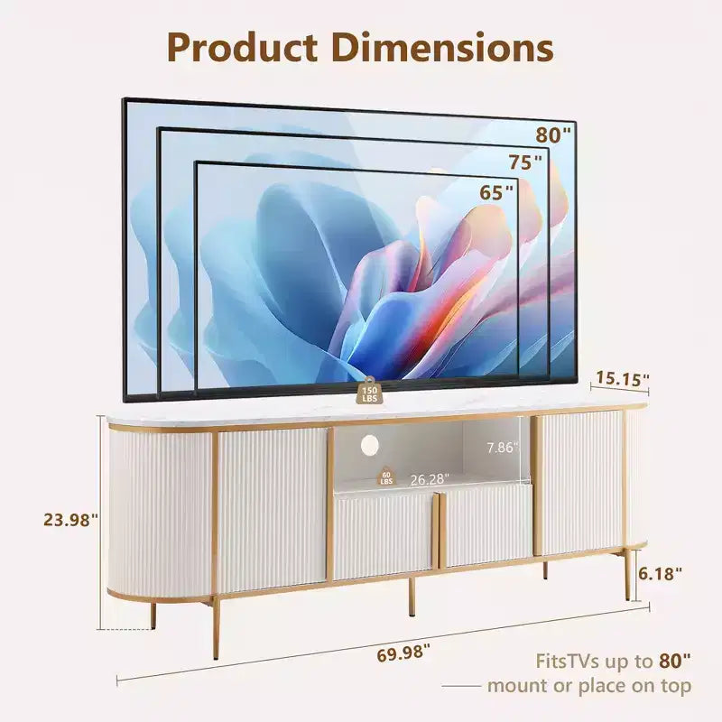 Meuble TV cannelé de 70 po, meuble de divertissement moderne avec plateau en faux marbre et design incurvé, console média pour le rangement du salon