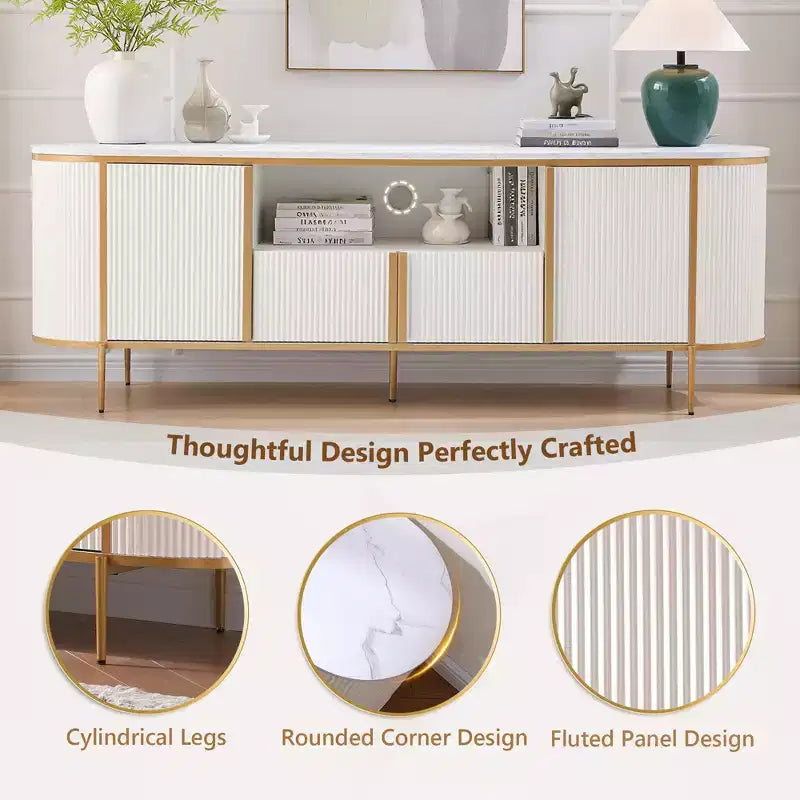 Meuble TV cannelé de 70 po, meuble de divertissement moderne avec plateau en faux marbre et design incurvé, console média pour le rangement du salon