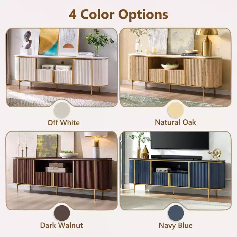 Meuble TV cannelé de 70 po, meuble de divertissement moderne avec plateau en faux marbre et design incurvé, console média pour le rangement du salon