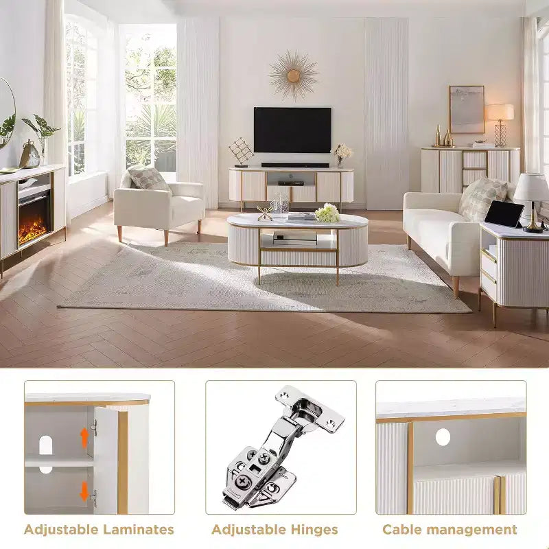 Meuble TV cannelé de 70 po, meuble de divertissement moderne avec plateau en faux marbre et design incurvé, console média pour le rangement du salon