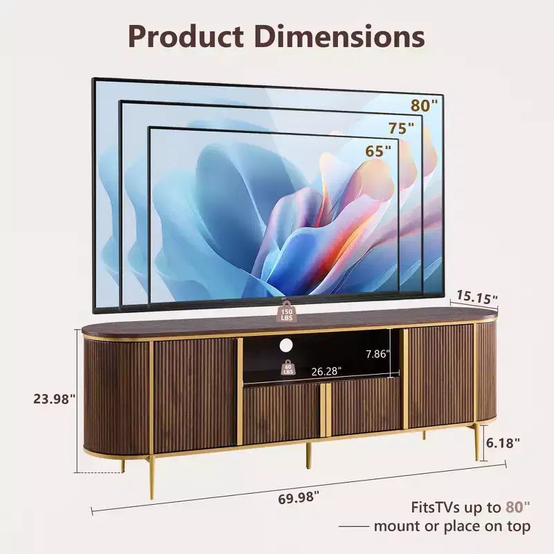 Meuble TV cannelé de 70 po, meuble de divertissement moderne avec plateau en faux marbre et design incurvé, console média pour le rangement du salon