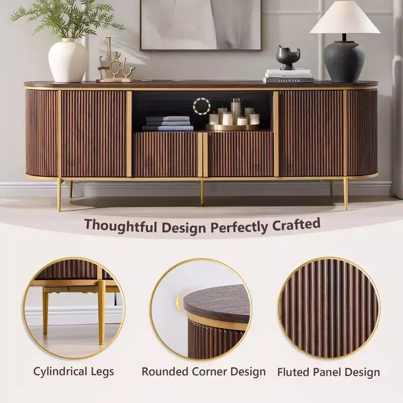 Meuble TV cannelé de 70 po, meuble de divertissement moderne avec plateau en faux marbre et design incurvé, console média pour le rangement du salon