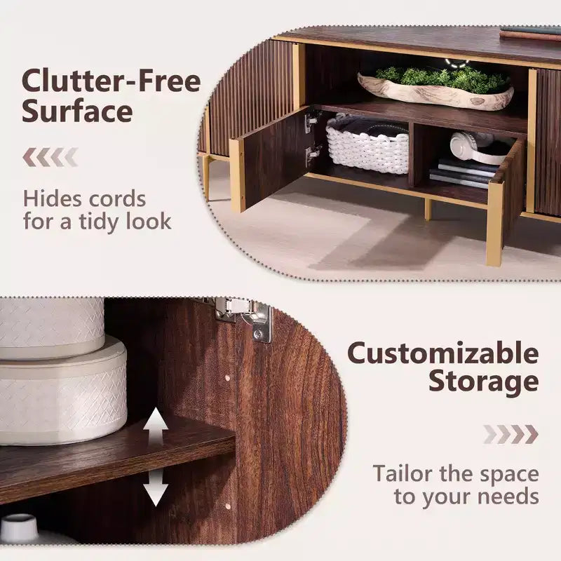 Meuble TV cannelé de 70 po, meuble de divertissement moderne avec plateau en faux marbre et design incurvé, console média pour le rangement du salon