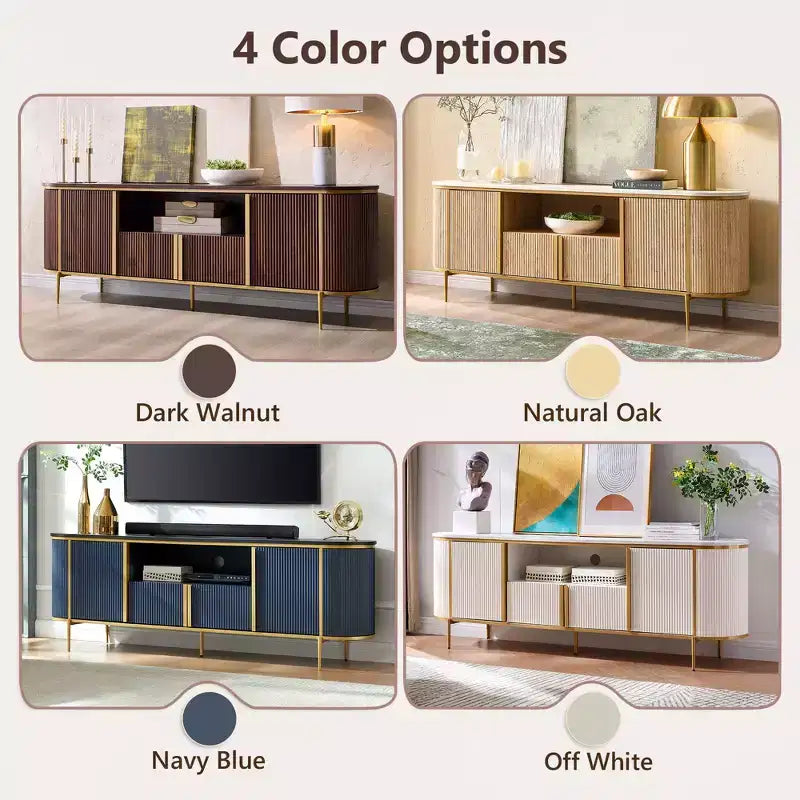 Meuble TV cannelé de 70 po, meuble de divertissement moderne avec plateau en faux marbre et design incurvé, console média pour le rangement du salon