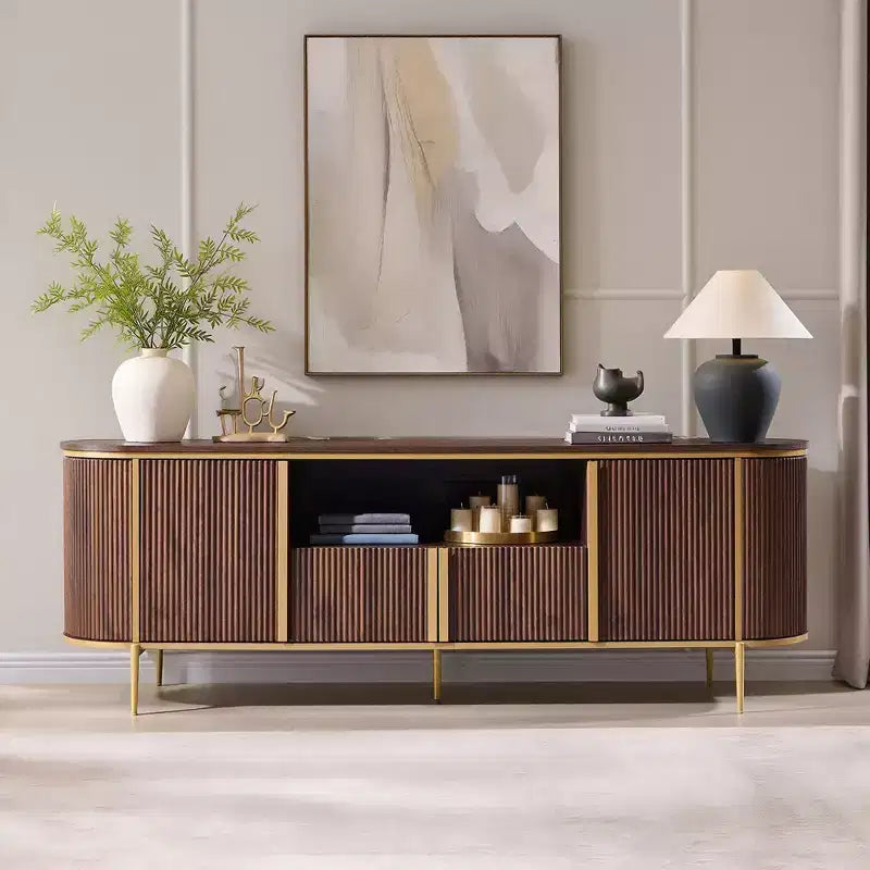 Meuble TV cannelé de 70 po, meuble de divertissement moderne avec plateau en faux marbre et design incurvé, console média pour le rangement du salon