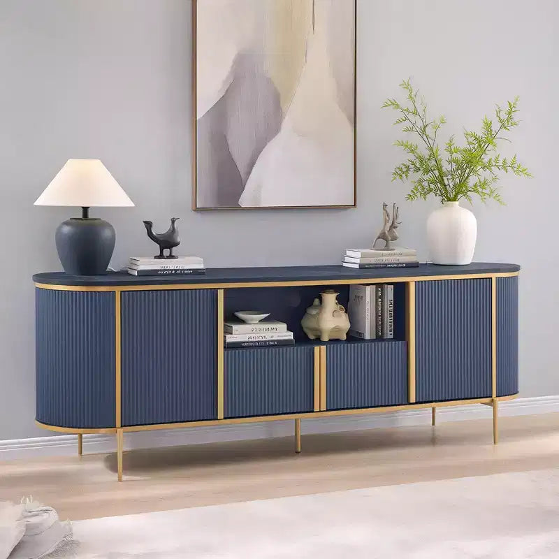 Meuble TV cannelé de 70 po, meuble de divertissement moderne avec plateau en faux marbre et design incurvé, console média pour le rangement du salon