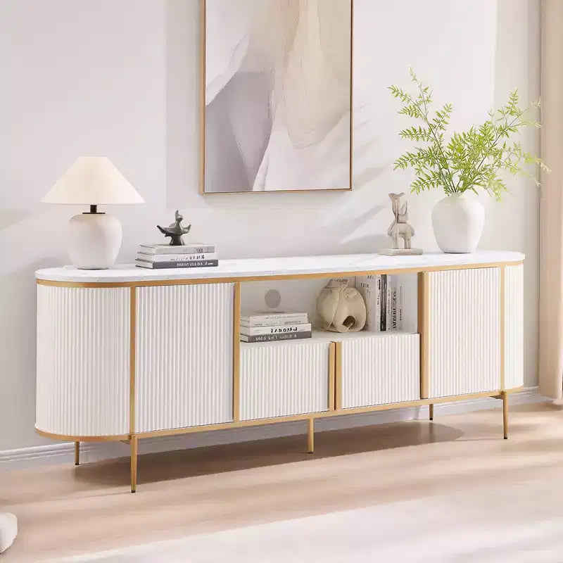 Meuble TV cannelé de 70 po, meuble de divertissement moderne avec plateau en faux marbre et design incurvé, console média pour le rangement du salon