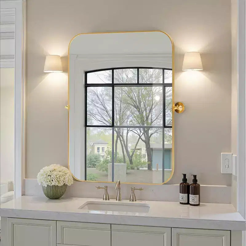 Miroir Rectangulaire Premium 80 cm en Fer Doré avec Coins Arrondis, Quincaillerie, Profondeur de 4 cm (Double Face)