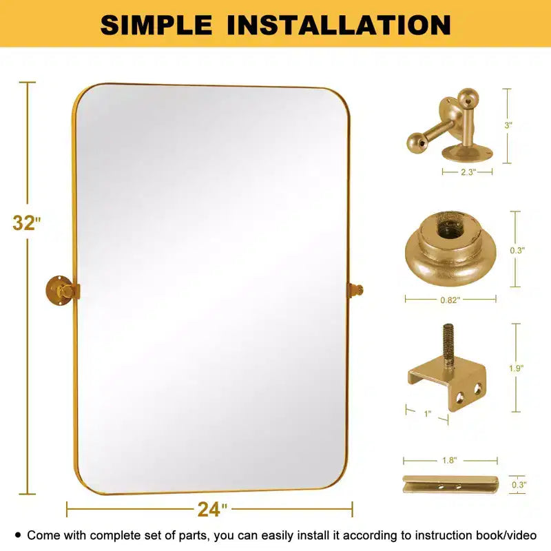 Miroir Rectangulaire Premium 80 cm en Fer Doré avec Coins Arrondis, Quincaillerie, Profondeur de 4 cm (Double Face)