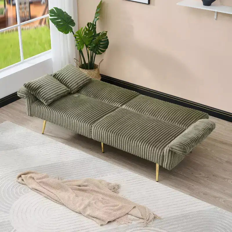Canapé-lit double pliable en velours côtelé avec accoudoirs escamotables, idéal pour le salon et les petits espaces, vert