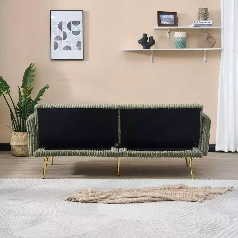 Canapé-lit double pliable en velours côtelé avec accoudoirs escamotables, idéal pour le salon et les petits espaces, vert
