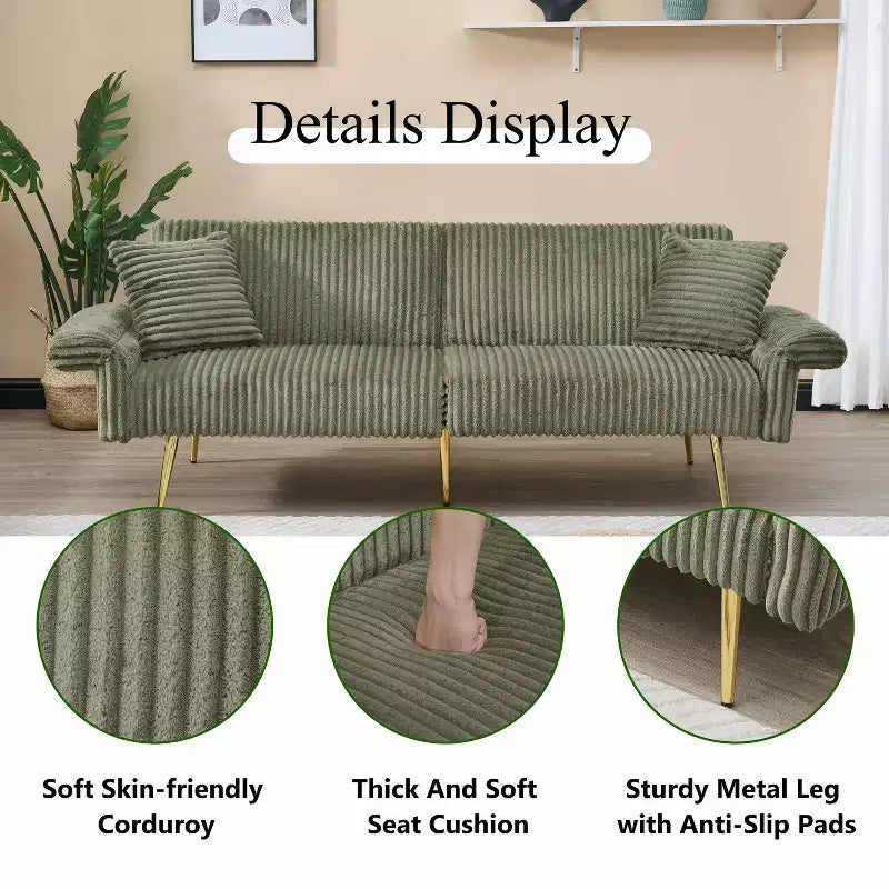 Canapé-lit double pliable en velours côtelé avec accoudoirs escamotables, idéal pour le salon et les petits espaces, vert