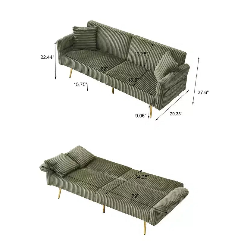 Canapé-lit double pliable en velours côtelé avec accoudoirs escamotables, idéal pour le salon et les petits espaces, vert