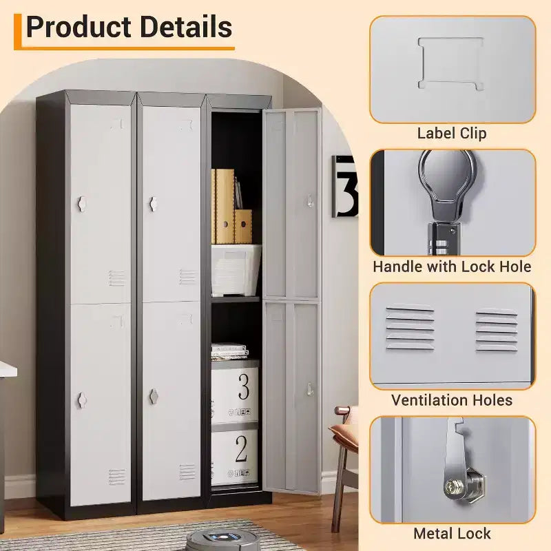 Casier de rangement métallique de 183 cm avec étagères pour l'école, le bureau, la salle de sport, la maison et l'entrepôt, Gris+Noir