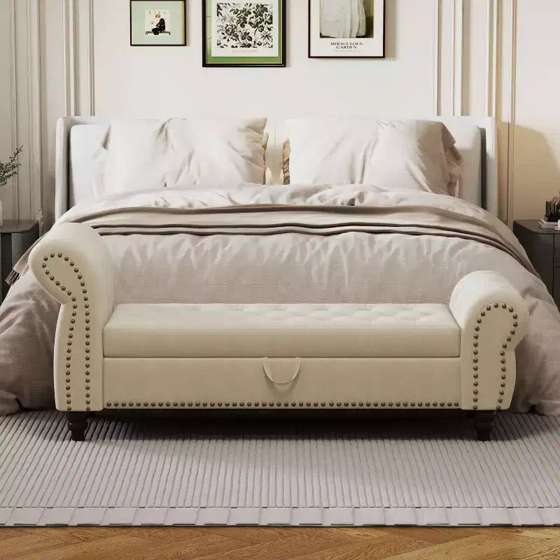 Banc de lit capitonné avec rangement, revêtement en velours bleu lac