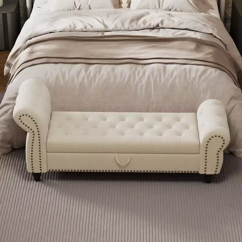 Banc de lit capitonné avec rangement, revêtement en velours bleu lac